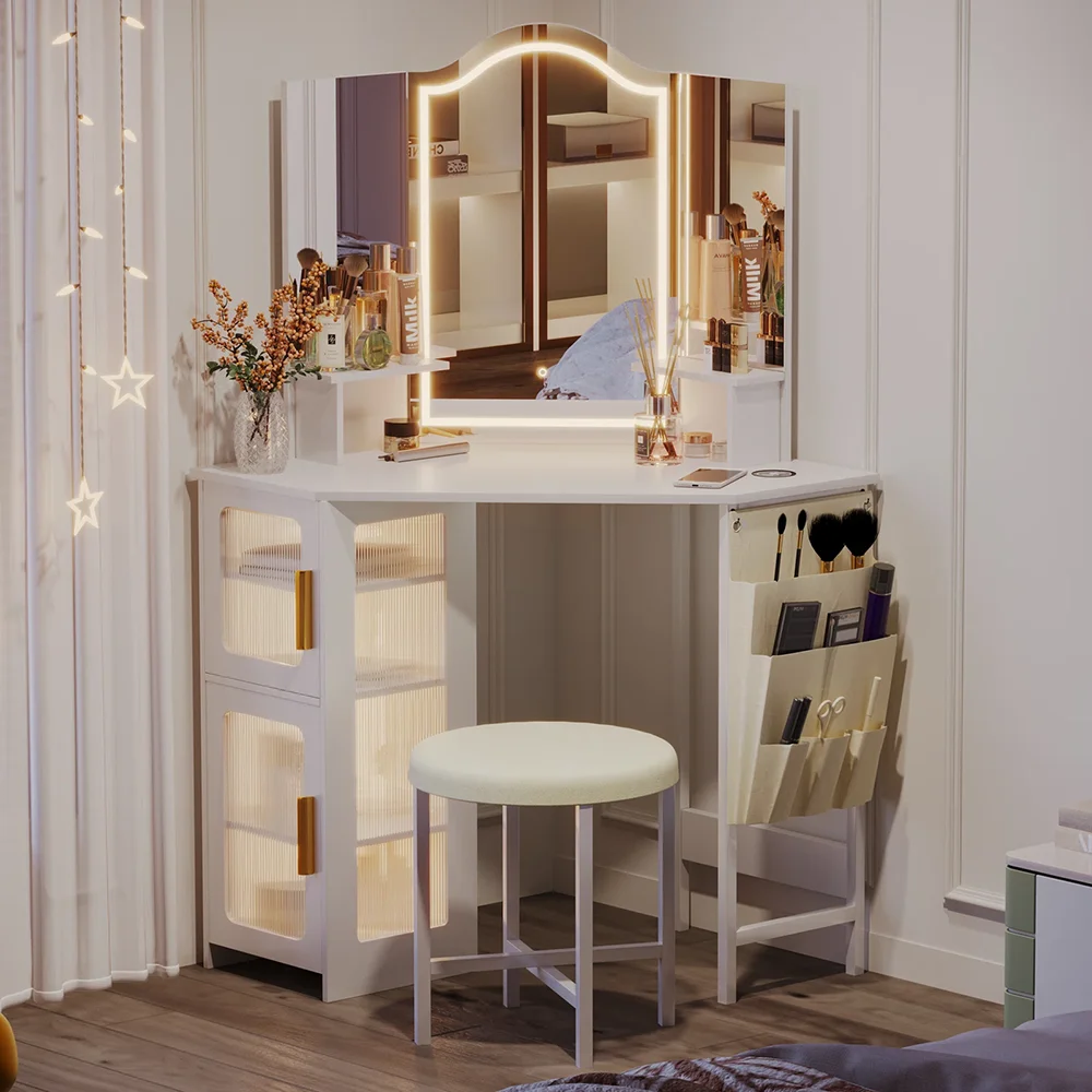Modern Nordic Style Vanity Desk with Lighted Mirror MDF Wood Makeup Table with Storage for Bedroom Hotel or Dressing Room details
