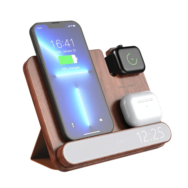 Eco-friendly Wooden Grain  Hot Sales 15W Fast charging Desktop bamboo wood 4 in 1 wireless charger with timer