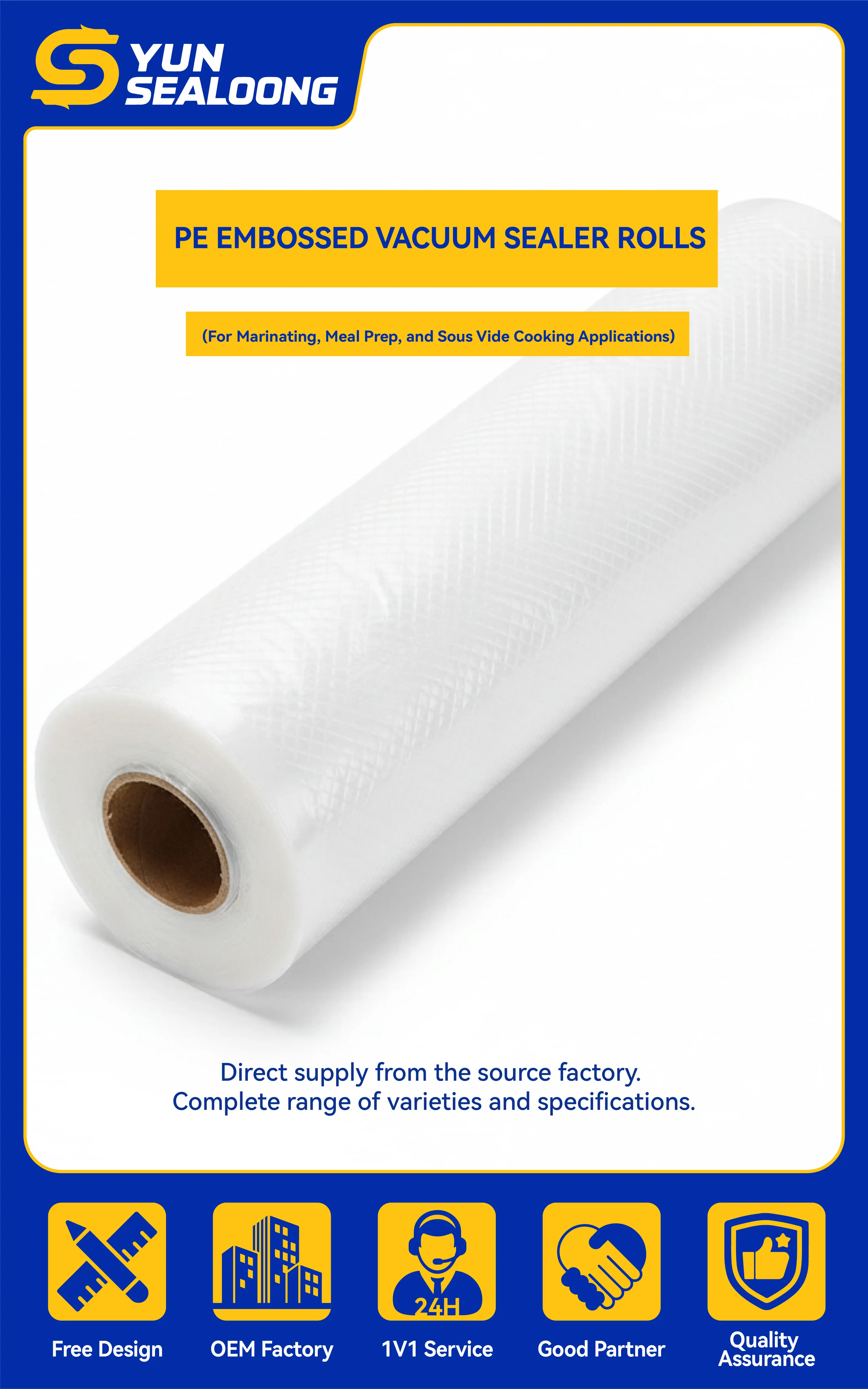 Custom Cut-to-Length PE Embossed Vacuum Sealer Rolls Food Grade Heat for Long-Term Food Preservation Baby Food Chewing Gum