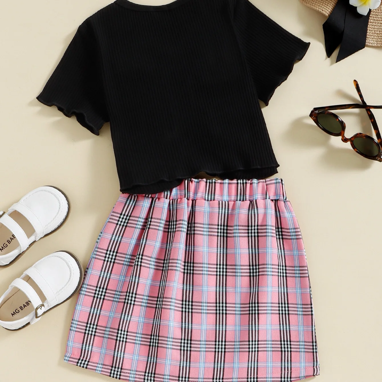 New arrival children clothes short sleeve shirt+plaid button skirt kids clothing fashion toddler baby girls outfits