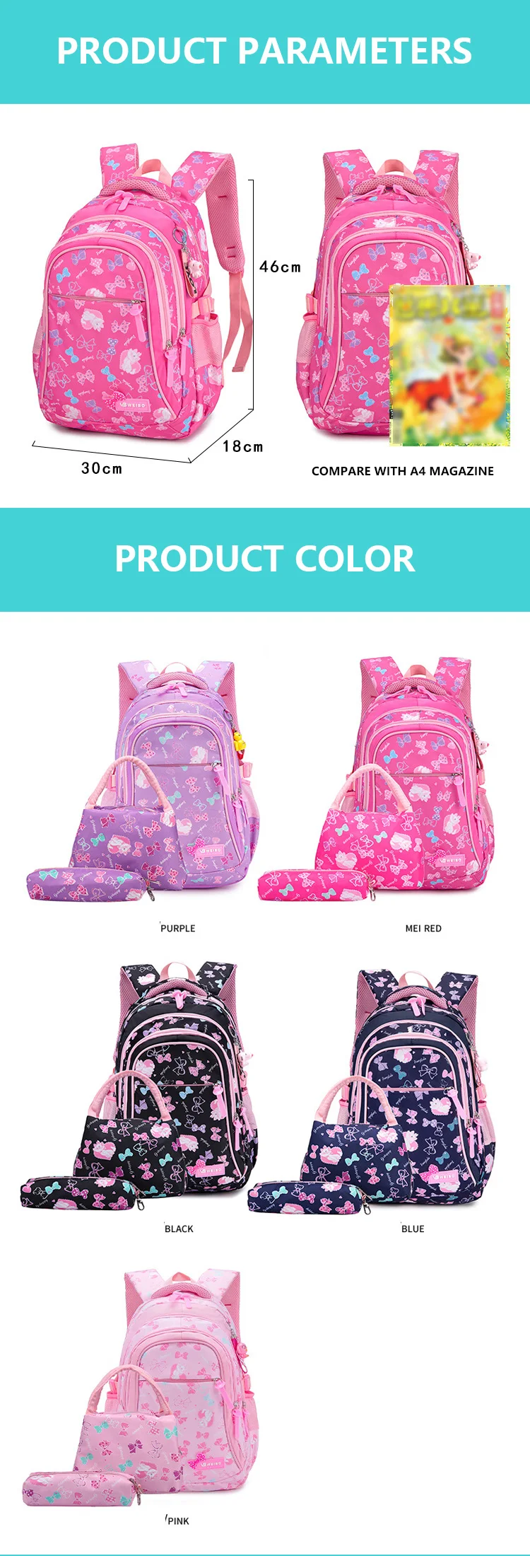 Girls Butterfly Printing Teenager Bookbags Children Backpacks Kids Primary School Bag Set with Lunch Bag and Pencil Case