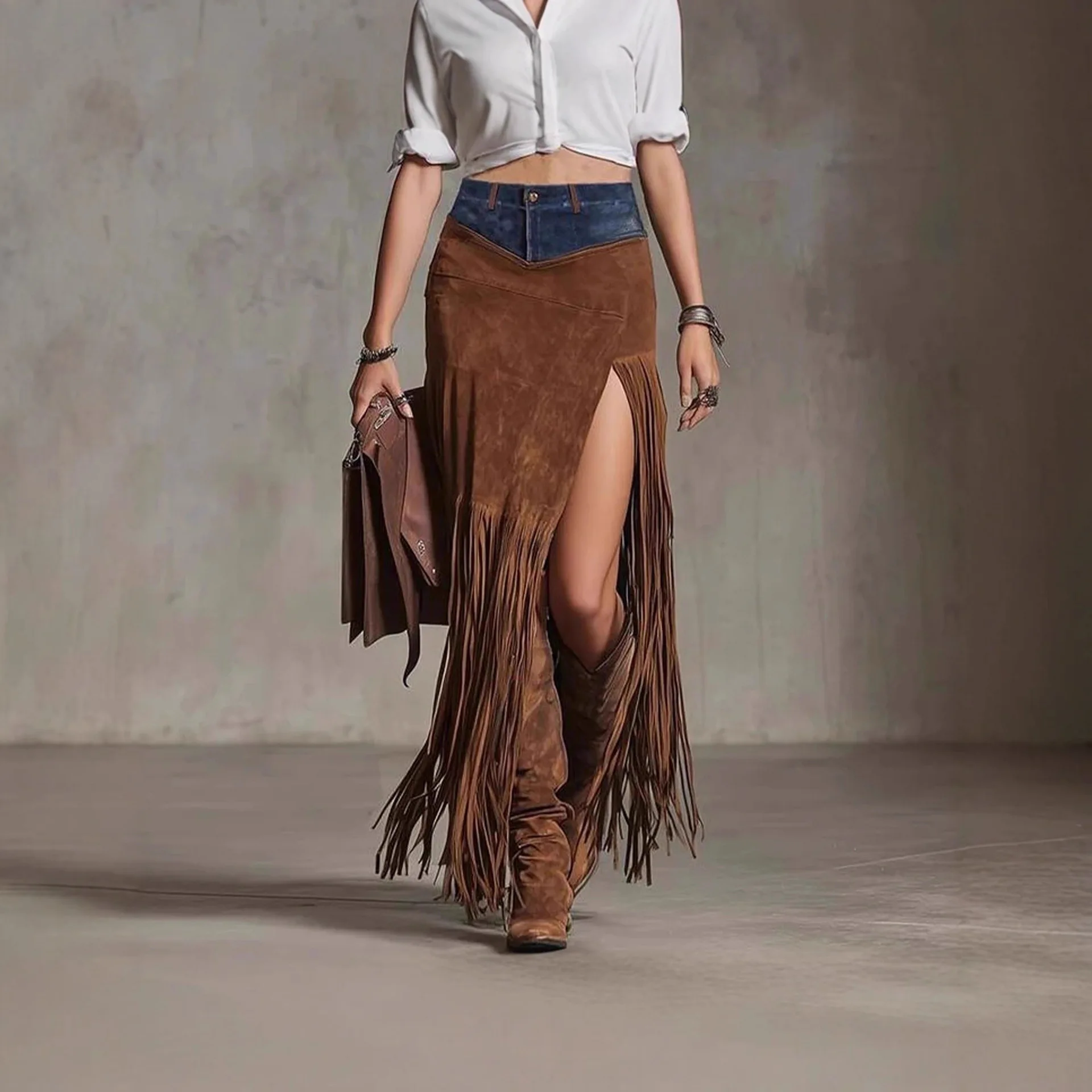 Hot Sale Empire Waist Vintage Tassel Spliced Denim Hem Irregular Suede Skirt manufacture