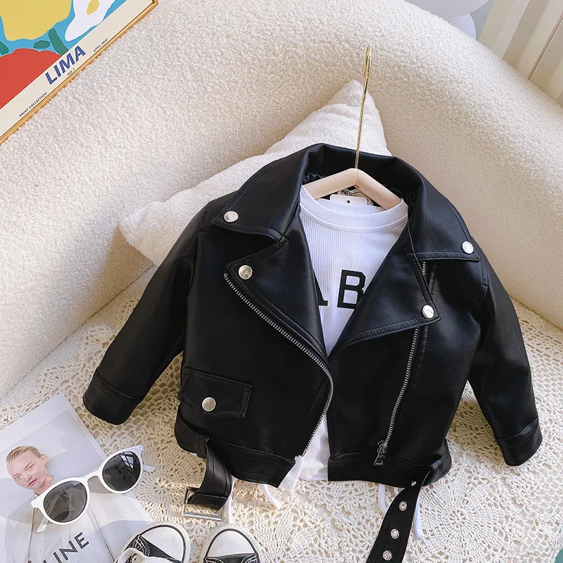 2023 New Toddler Girl Black Zipper Pu Leather Soft Cargo Jacket for Autumn Winter 2-7 Years
