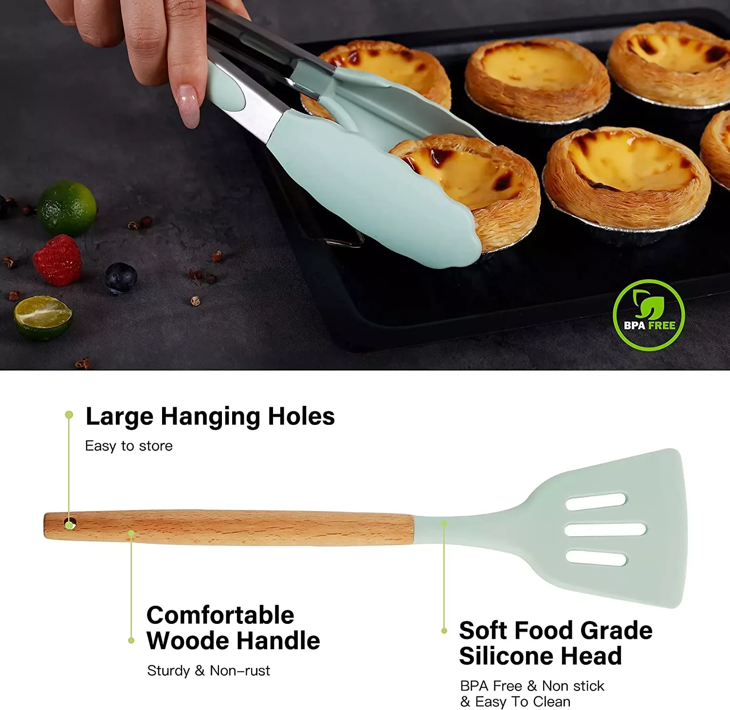 12pcs Colorful Silicone & Wooden Handle Tools Home or Picnic Silicone Custom Kitchen  Home Serving Set Utensil