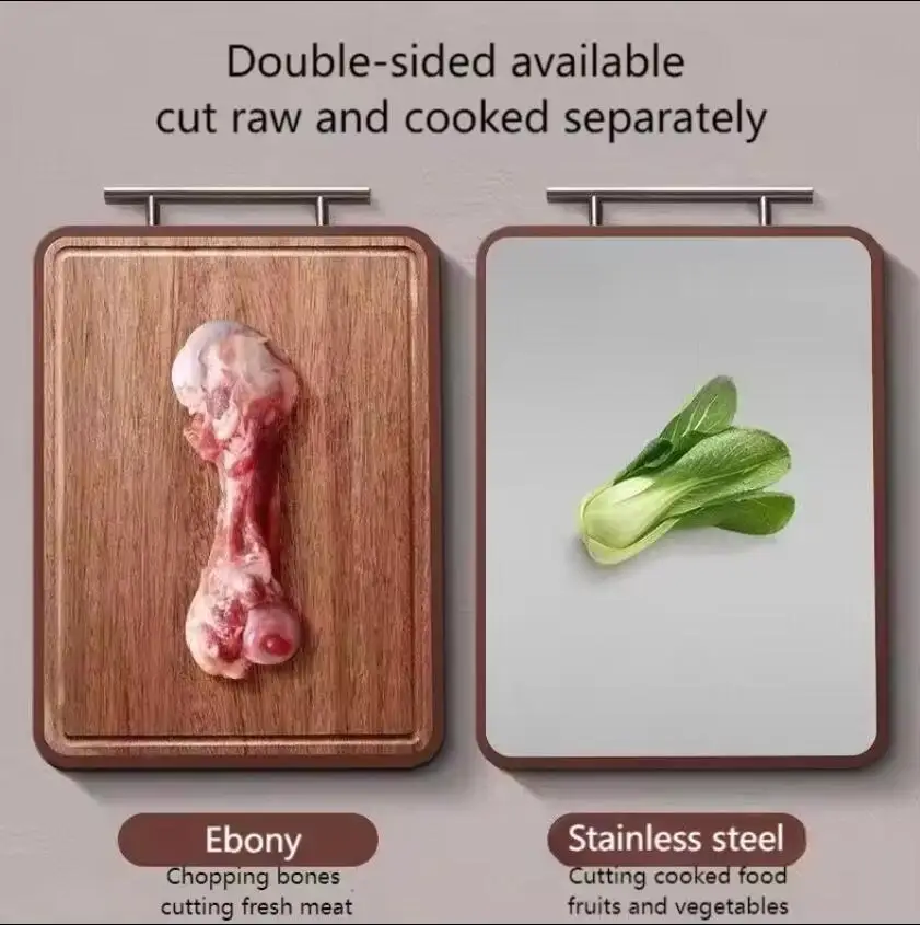 Kitchenware Bamboo Double Side Stainless Steel Chopping Board Block Wood Antibacterial Multifunctional Cutting Board with Handle