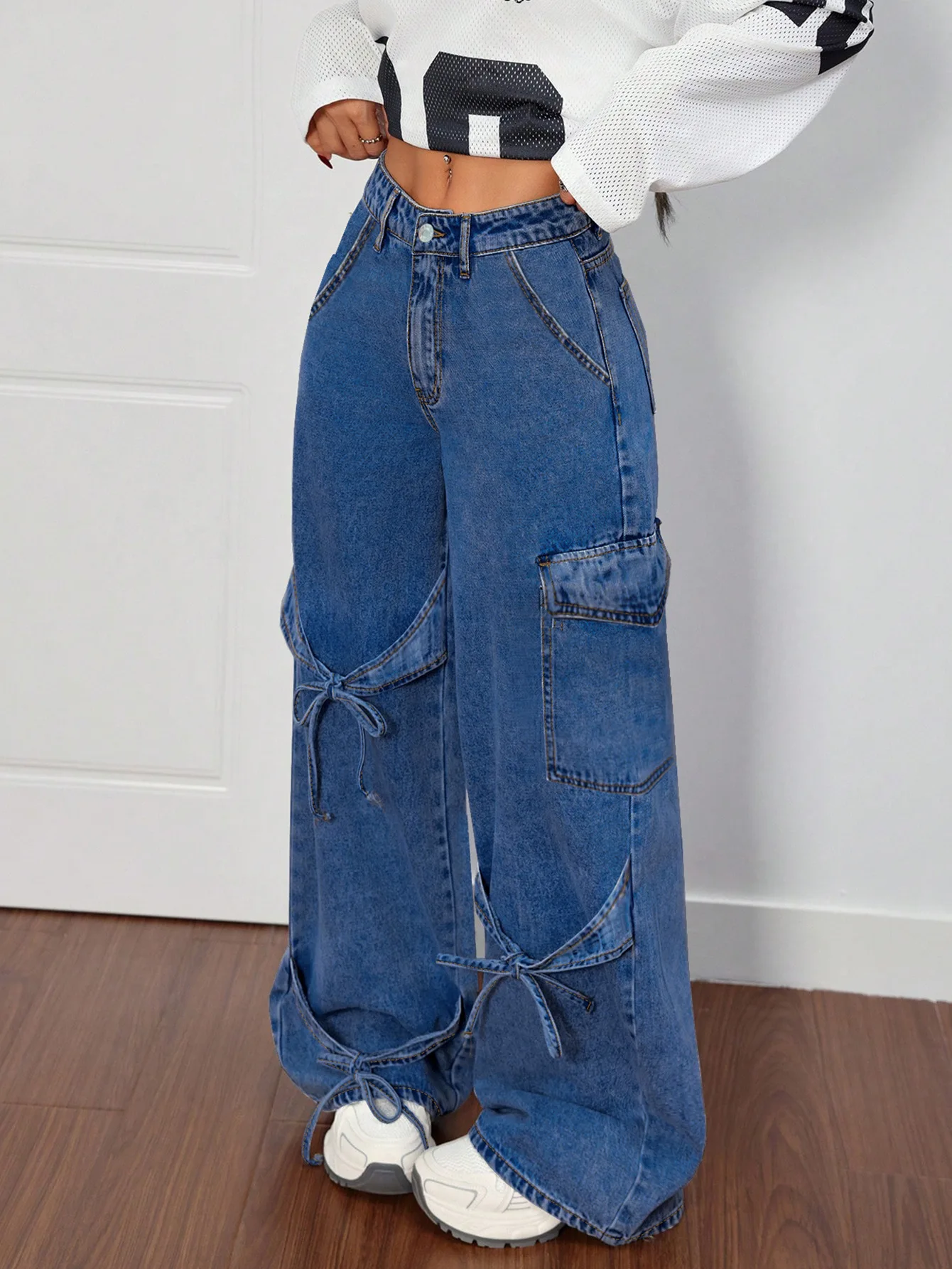 American Style Bow Tie Overalls Denim Jeans Women's Casual Summer Straight-leg Plus-size Women's Trousers manufacture
