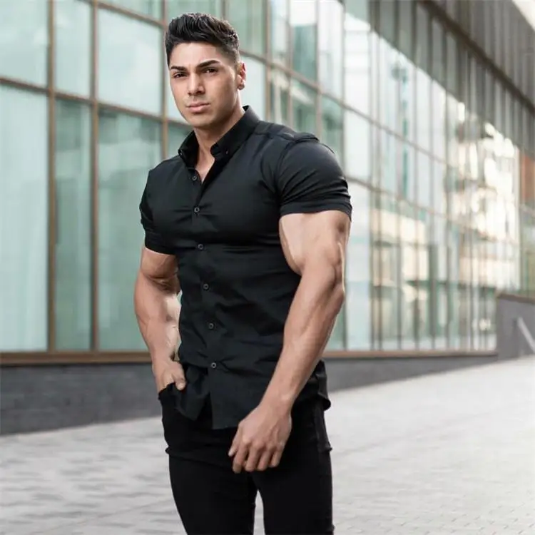 Muscular Men Stretch Shirt Stand Collar Short Sleeve Breathable Sports Cardigan Fitness Clothes