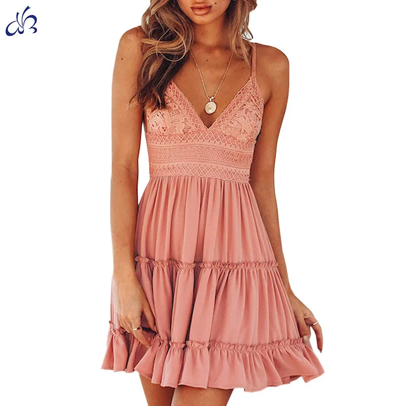 Summer Girl Sexy Pink Slip Dress Solid Colour Woven chiffon Casual Dresses sleeveless