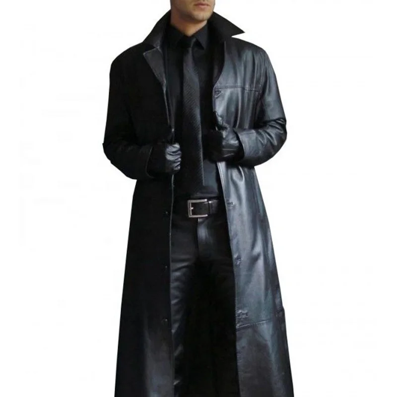 High quality long leather lapel leather jacket for men thickened over knee leather jacket for men