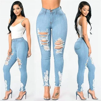 2025 Low Price Wholesale Cotton Light Hole Solid Color Fashion Skinny Jeans Plus Size Women's Jeans