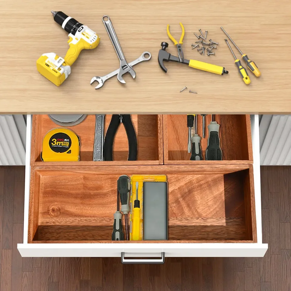 3 Pieces  Set  Kitchen Cutlery Utensils Acacia Wood Desk Storage Stackable Adjustable Drawer Dividers Organizers