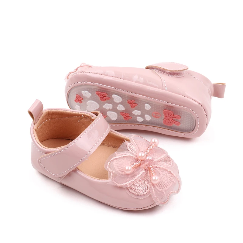 Solid Color PU Leather Veil Quality Flowers Pearl Stamen Elegant Princess Toddler Shoes for Baby Girls factory