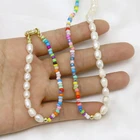 Handcrafted Rainbow Colors 18K Plated Sailer Clasp Seed Beads With Natural Pearl Beads Chain Neklace