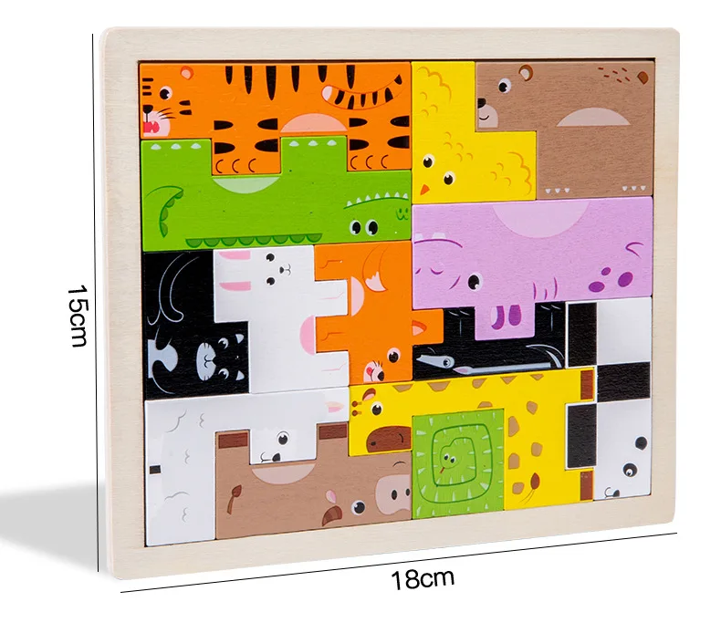 Puzzle d'animaux de circulation en bois unisexe, blocs d'animaux 3D pour les tout-petits, forme de planche, jouets éducatifs assortis, détails