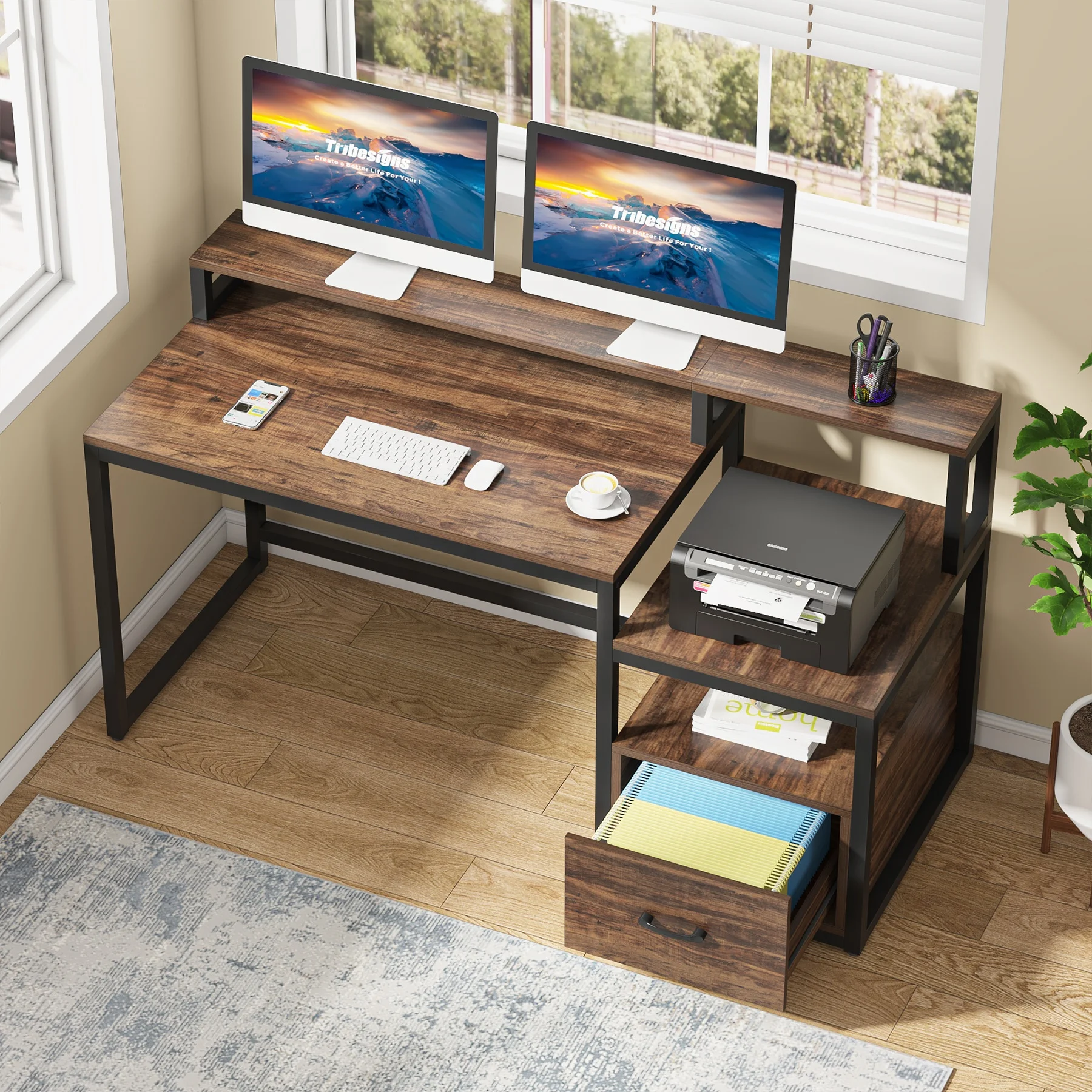 Rustic Brown home Computer Desk with File Drawer student writing 59 inch Study desktop table Home Office