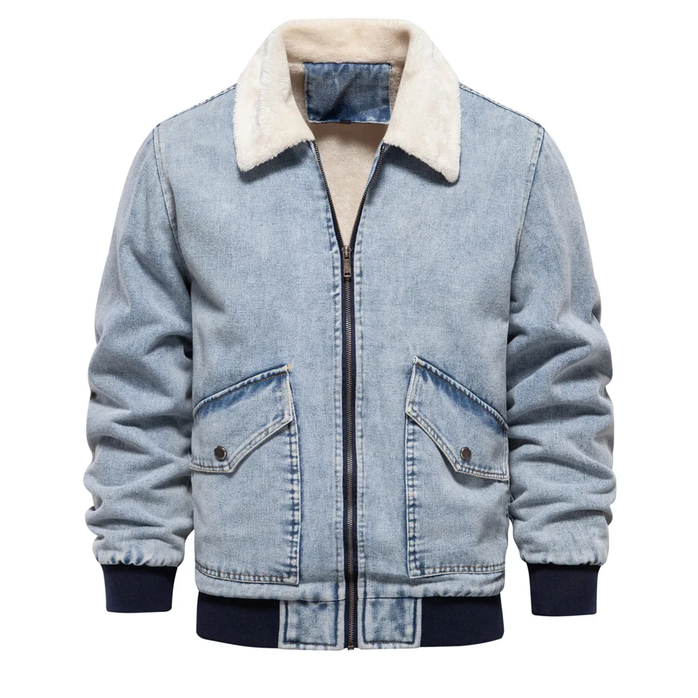 Autumn and Winter New Men's Windproof Fleece-lined Denim Jacket European Size Cross-border Casual Quality Washed Top details