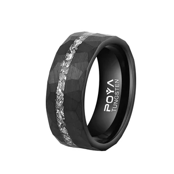 POYA Wholesale 8mm Faceted Brushed Hammered Black Tungsten Carbide Ring With Meteorite Shavings Inlay Engagement Wedding Band