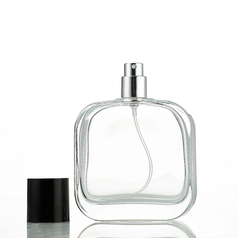 New Style Flat Square Transparent 100 Ml Glass Perfume Bottles Crimped Neck Spray Bottle With Cap