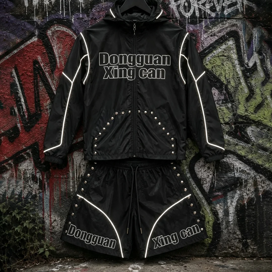 product custom streetwear nylon rivet tracksuit men full zip hooded windproof jacket screen printing matching shorts two piece set xxl-1