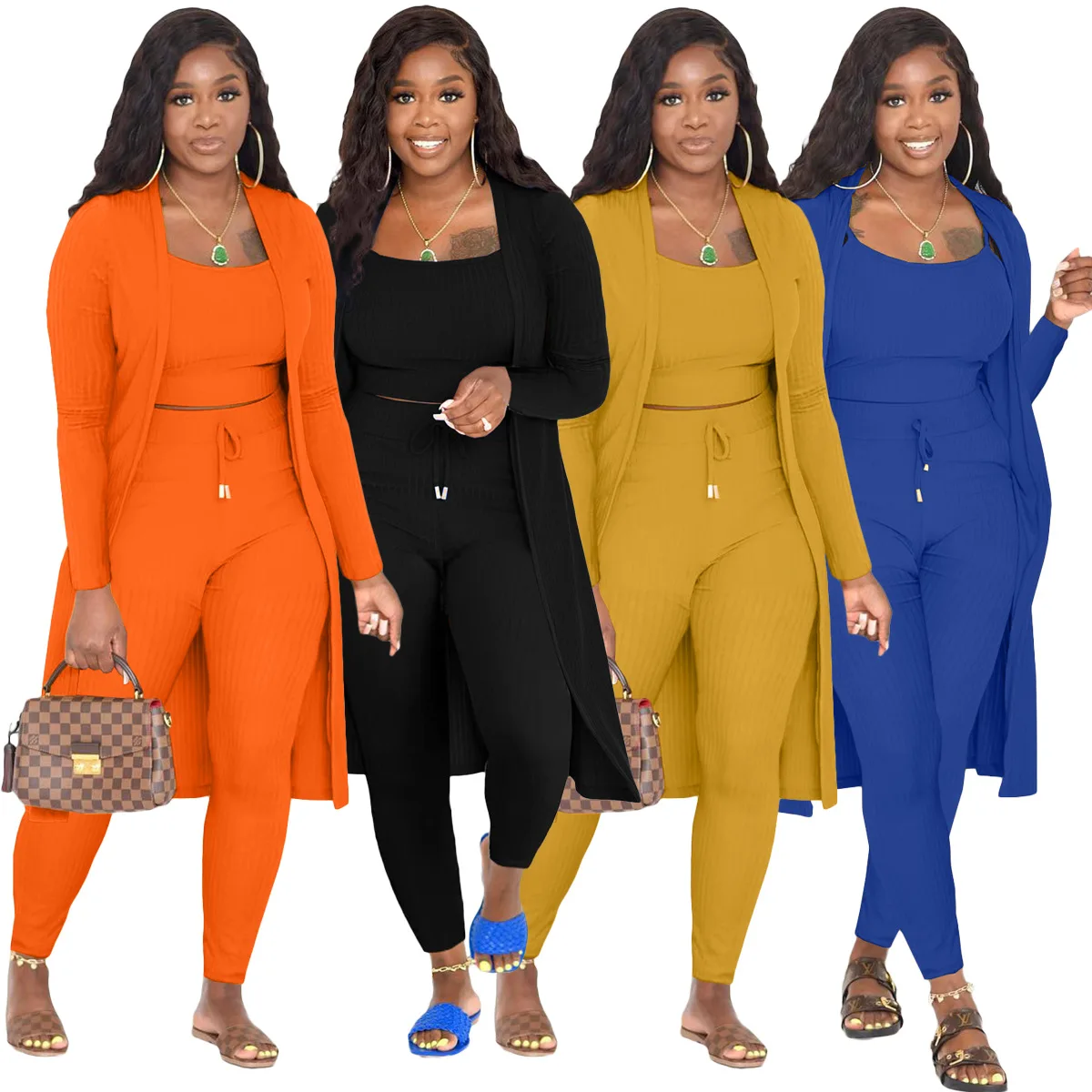 Fall Plus Size Women Clothing Casual Outfit Three Piece Pants Set Long Cardigan Streetwear