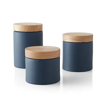 Modern design matte blue coffee tea sugar ceramic storage jar kitchen canister sets with wood lid