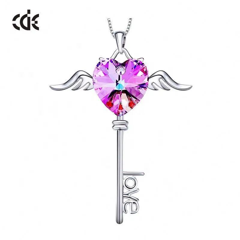 CDE YP1086 Fine Jewelry 925 Sterling Silver Women Necklace Wholesale Wings Of Heart Crystal Key Pendant Necklace