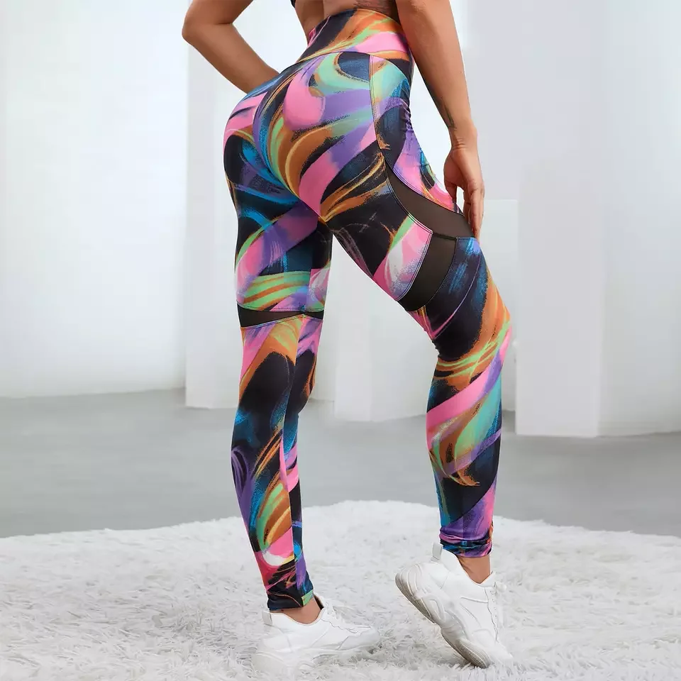 Mesh Stitching Stretch High Waist Tight Running Training Pants Colorful Printed Breathable  Bright colors Attractive Leggings