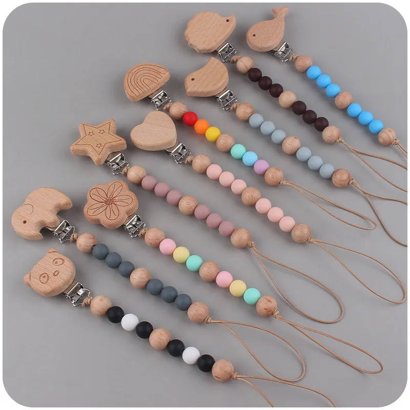 Hot Sale Baby Pacifier Chain Safety Cartoon Animal Beech Wood Baby Pacifier Clip Silicone Bead Bite Molars Pacifier Chain