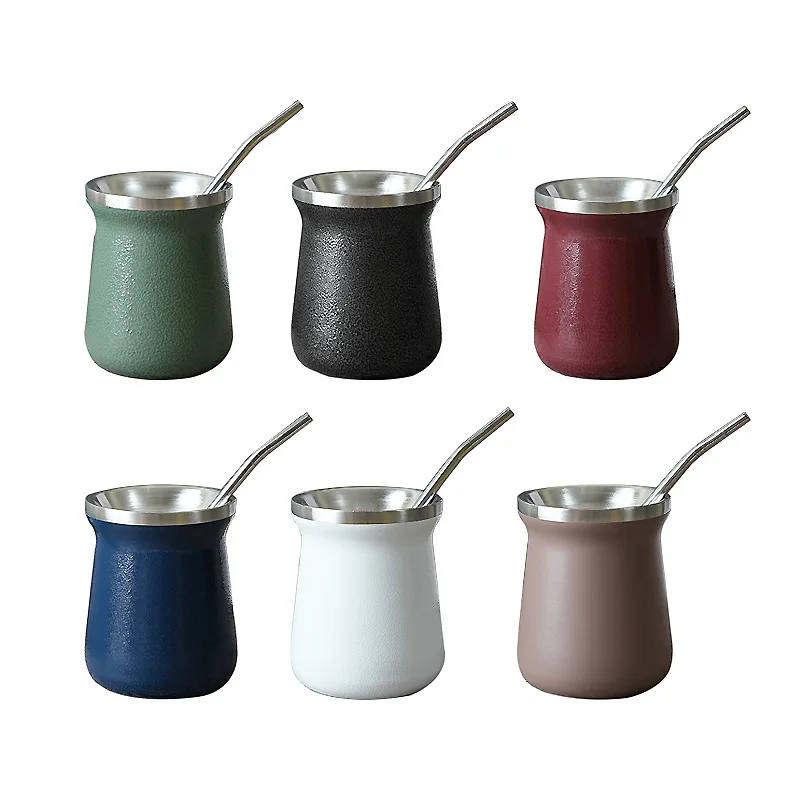 8oz Mate Cup Tea Mugs Double Walled Insulated Tumbler Stainless Steel Yerba Gourd Cup With Straw Sets
