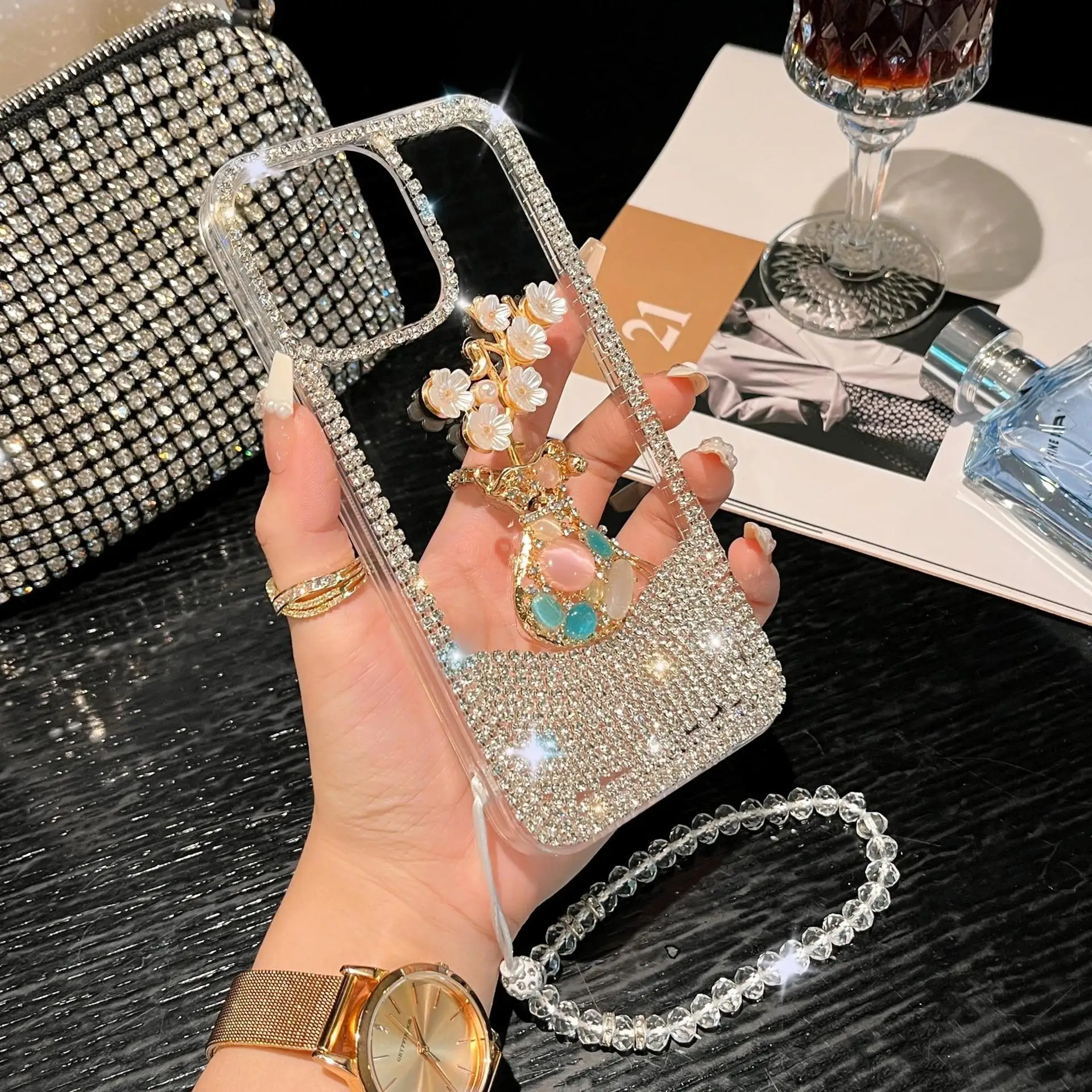 Luxury Rhinestone Vase Mobile Cover with Crystal Bead Strap Phone Case for iPhone 15 14 Samsung S24 S23 A34 A54