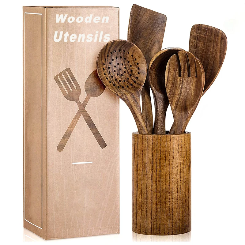 Hot Sale 6-Piece Eco-Friendly Teak Wooden Kitchen Cooking Utensils Custom Logo Spatula Spoon Set Restaurants Bars Hotels Homes