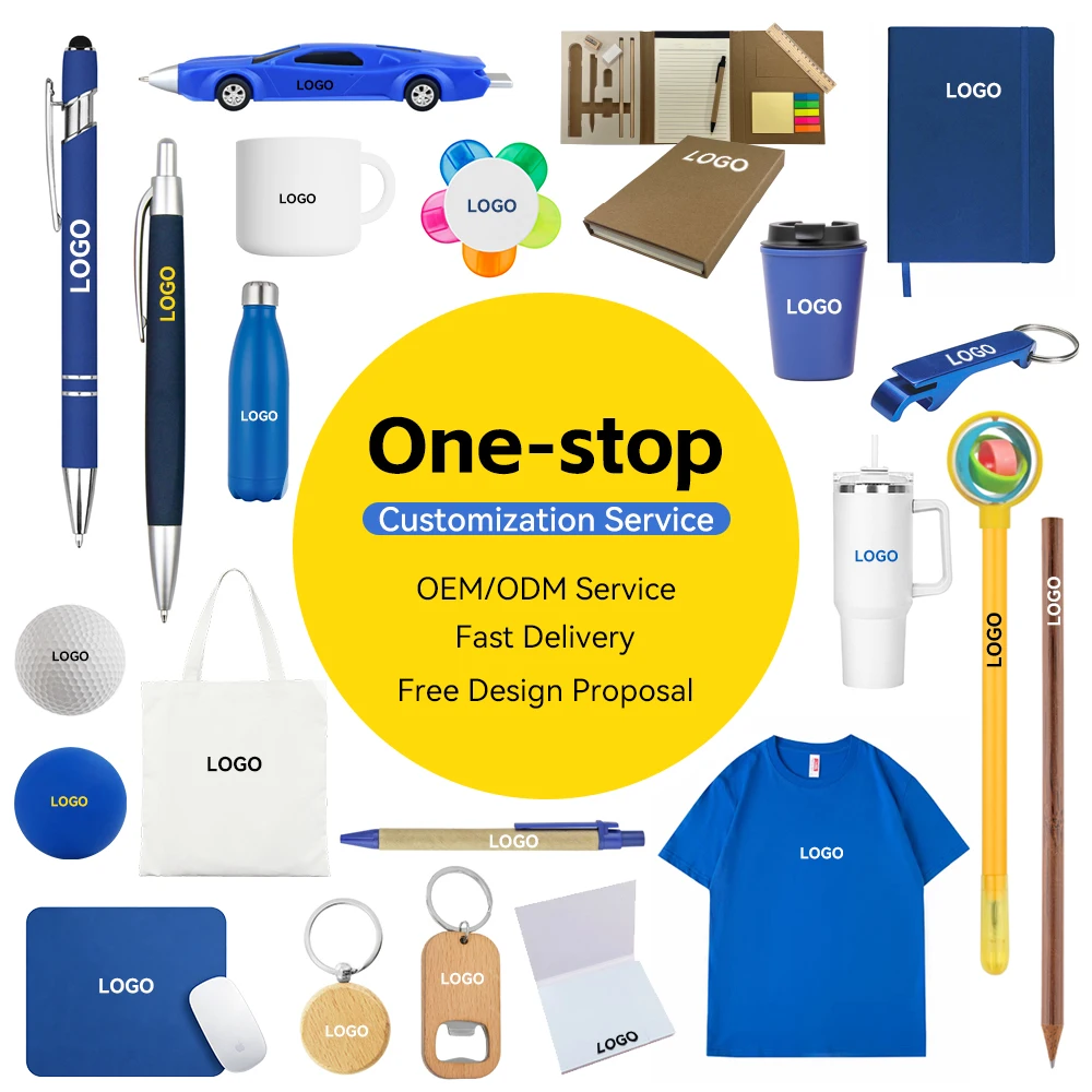 One-stop customization service for various promotional products like pens, mugs, and bags.