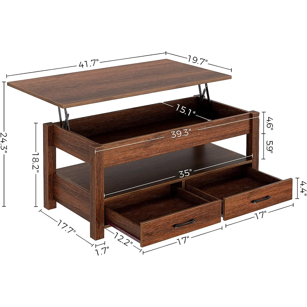 Modern Espresso Wooden Lift Top Coffee Table with Drawers and Hidden Compartment Retro Center Table with Wooden Lift Tabletop details