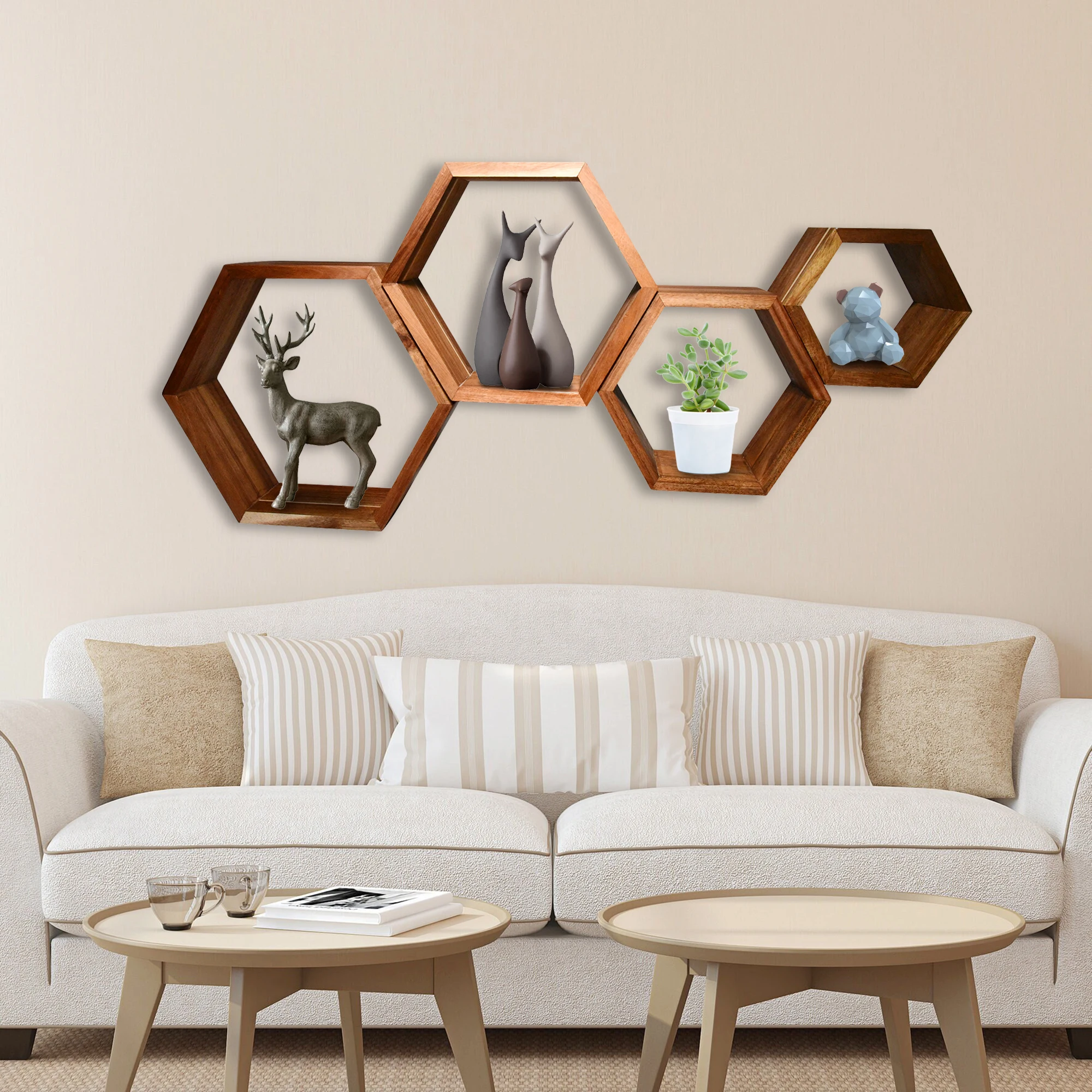Wall Mounted Set of 4 Hexagonal Floating Shelves Frame;Decoration Wood Hexagon Shelf Floating Shelves