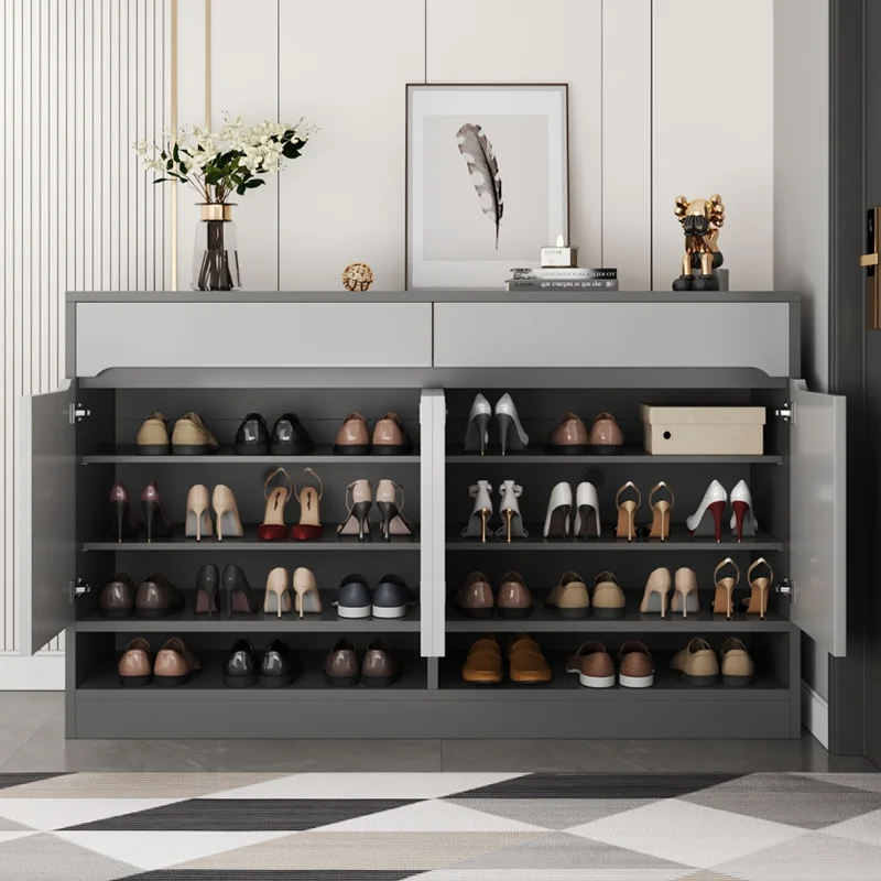 Modern Home Entrance Furniture Gray and Oak Wooden Shoe Rack Cabinet with Drawers and Doors