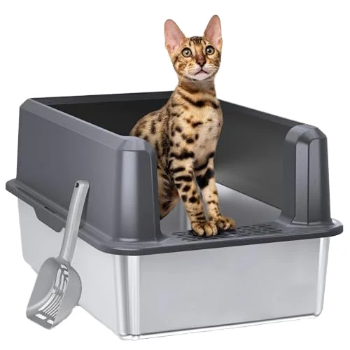 Stainless Steel Semi-Enclosed Cat Litter Box Easy Clean Anti-Sand Leakage Large Open Design Kitties Cat Litter Box Accessory