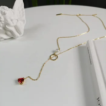 Red CZ STONE pendant Pearl charm gold plated S925 sterling silver necklace