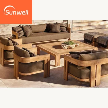 Modern Outdoor Best Selling Luxury L Shape Chaise Lounge Sofa Solid Teak Wood Frame Garden Sectional Sofas Patio Sofa Set
