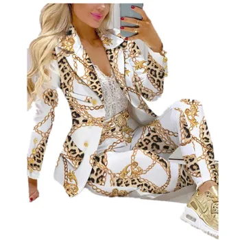 Fashion Outfit Print Office Lady Pants Suits Women Notched Collar Single Breasted Top Blazer and Long Pants Suit