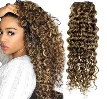 TopElles wholesale Natural Curly Clip in Hair Extensions Remy Human Hair Brown Highlighted Blonde Curly Hair 100g