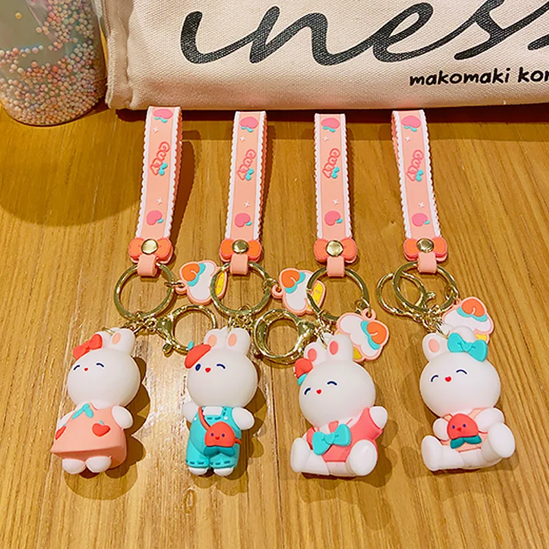 2024 New design Popular 4 colors White Rabbit Custom 3D Cute Rabbit Cartoon Anime Toys kids Bag Accessories Plastic key chains