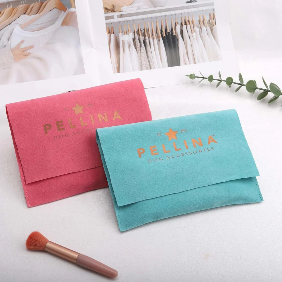 High End Logo Printing Reusable Pink Blue Velvet Envelope Jewelry Pouch Luxury Flannel Gift Wallet Handbag Dust Bag