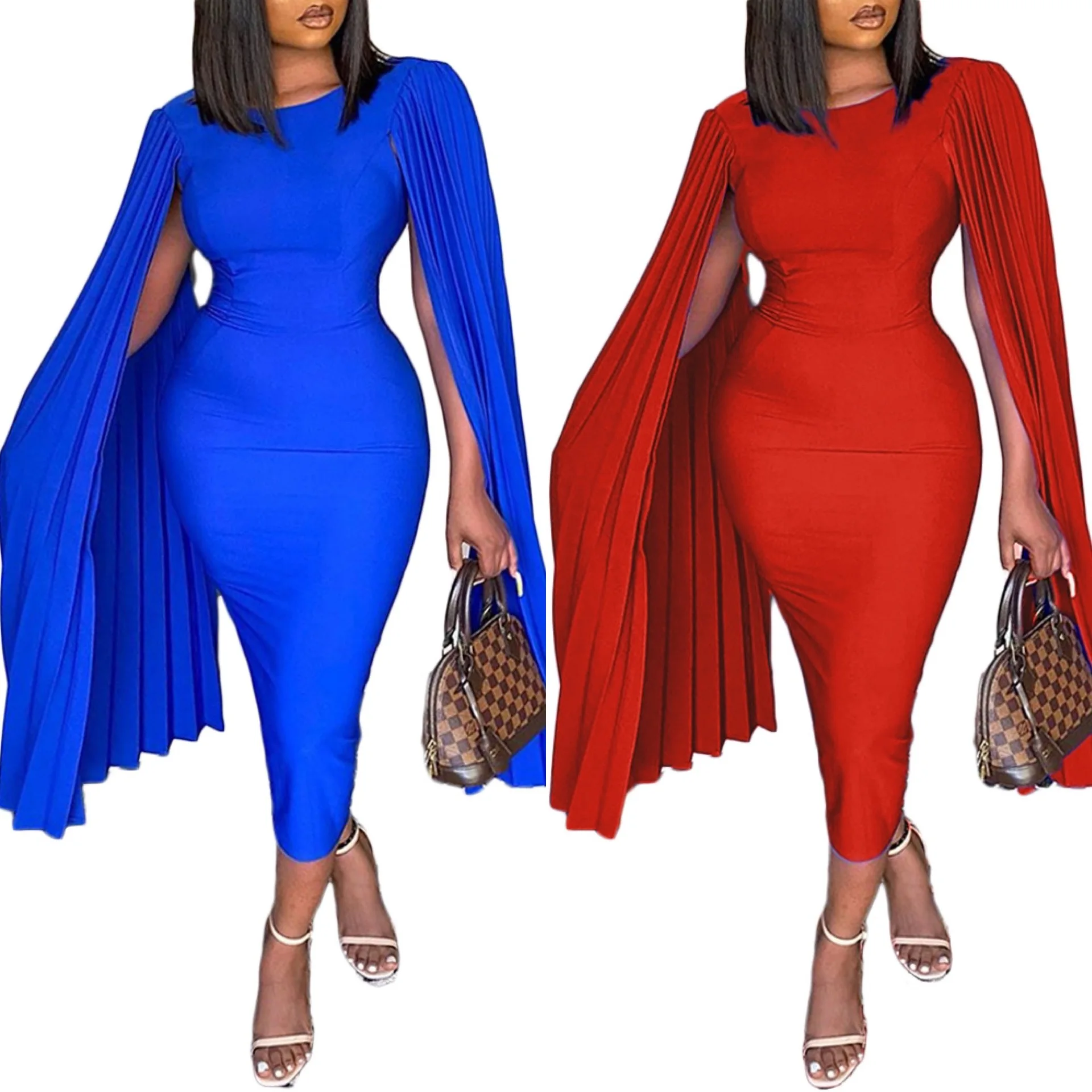 Red Dress Cloak Sleeve High Waist 