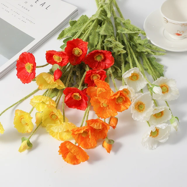 Wholesale Autumn Poppy Flowers High quality Silk  Flocking 4 Heads poppy Home Party Wedding Decoration