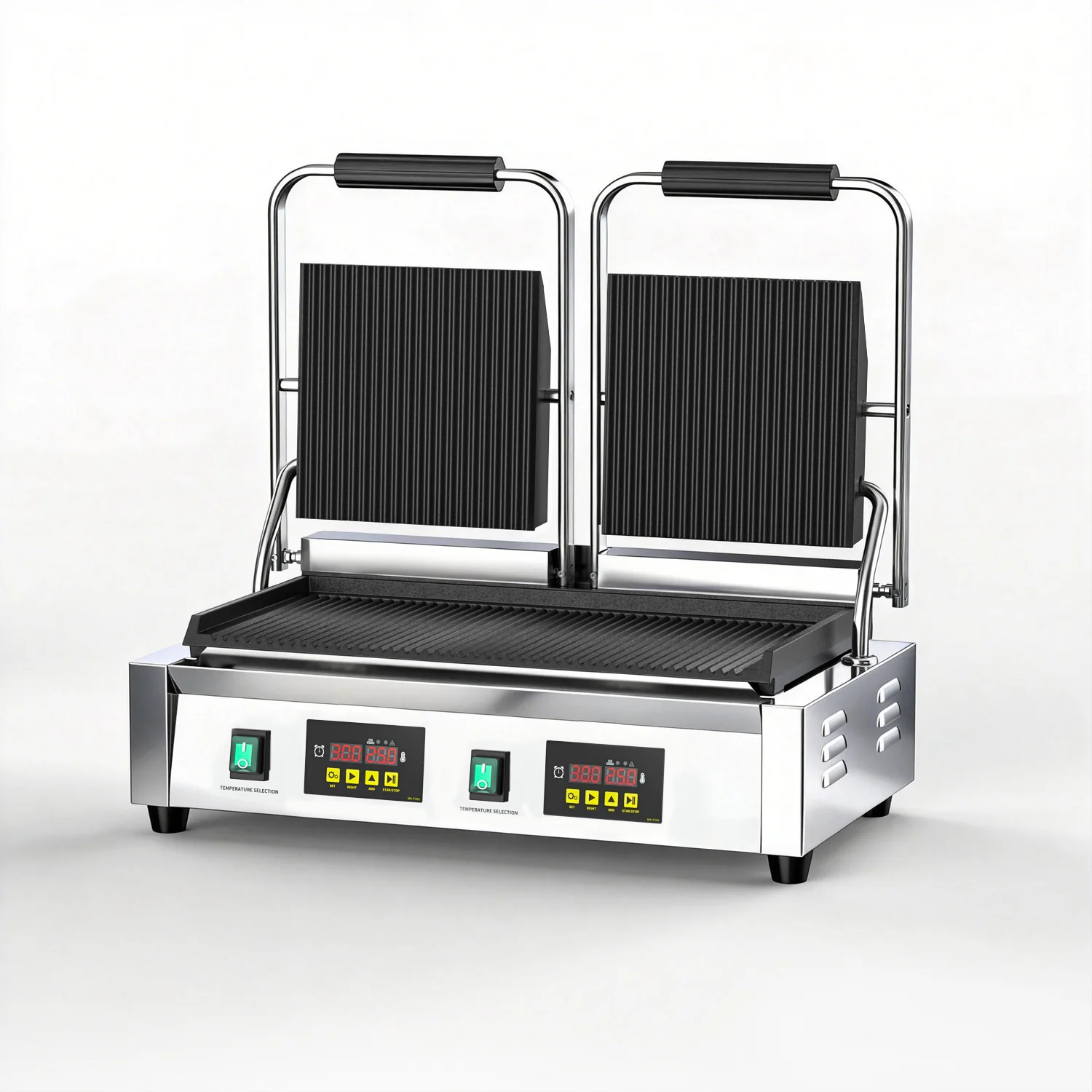 Commercial Digital Display Double Head Grooved Panini Grill Stainless Steel Full Groove Electric Press Grill for Restaurant