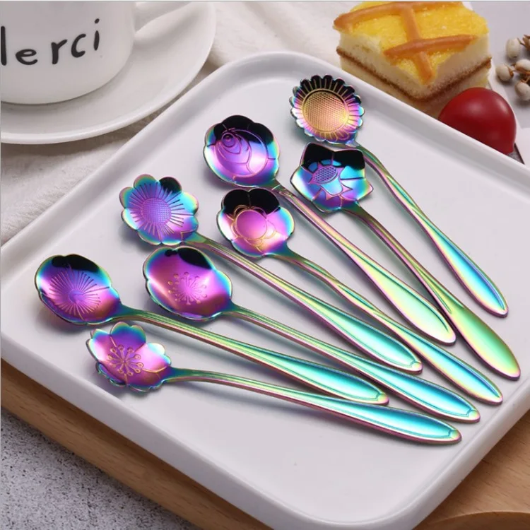 H9 Stainless Steel Gold Plating Colorful Cherry Blossoms Rose Flower Shaped Icecream Dessert Coffee Spoon