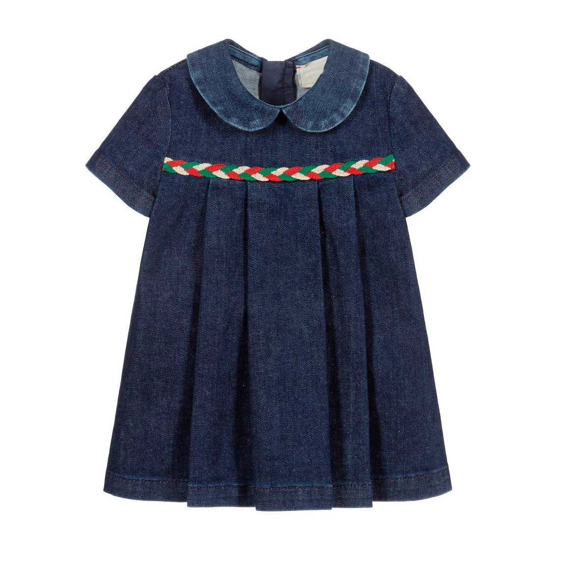 Customized high quality washable pleat baby girl vantage dress kids denim dress with peter pan collar