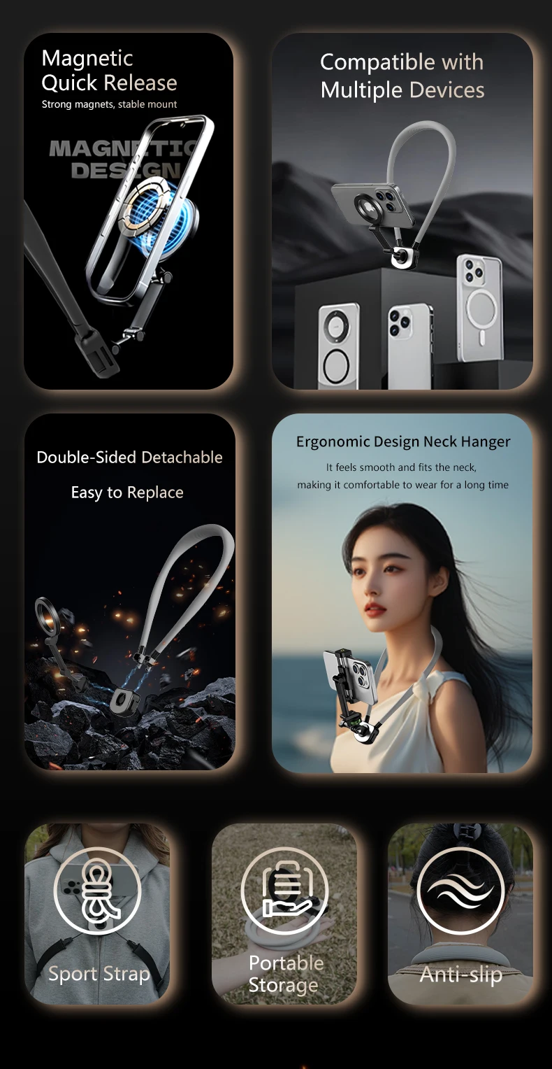 Lanparte Flexible Video Shooting Hands-Free Magnetic Cell Phone & Action Camera Holder Neck Strap for Comfortable Shooting