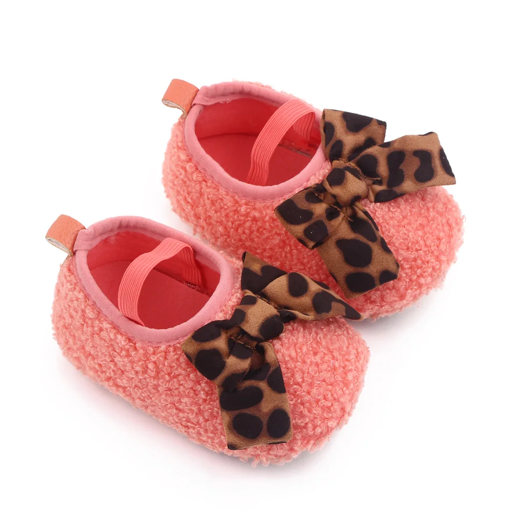 0-1 Year Old Infants Foot Set Solid Color Teddy Velvet Leopard Bow Baby Girls Cute Soft Soled Toddler Shoes details