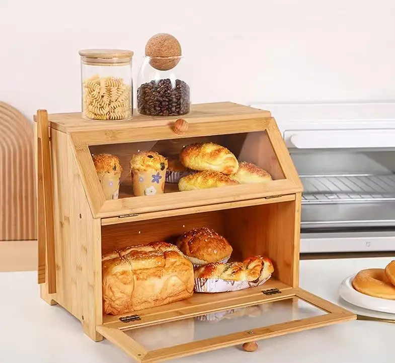 Extra Large Double Layer Natural Bamboo Bread Box with Clear Windows for Kitchen Countertop